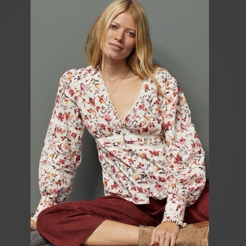 Anthropologie Puff Sleeve Floral Lace Trim Buttondown Blouse Top Size 4 Cottage